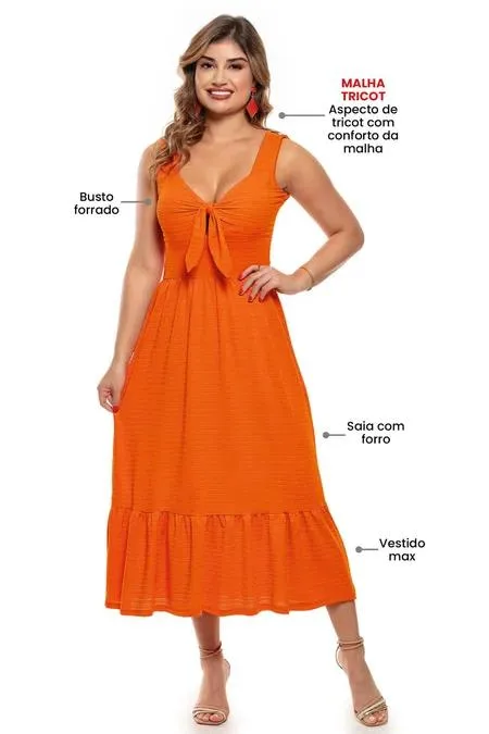 Vestido Maxi com Amarração no Busto Malha Tricot Laranja
